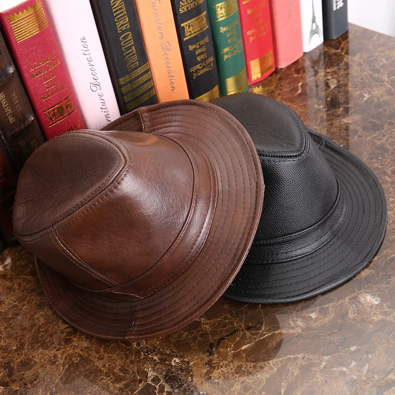 Male 100% Genuine Leather Jazz Hat Adult Fedoras Hat Male Sheepskin Fedoras Cap Men\'s Wide Brim Leather Cowboy Hat B-7284