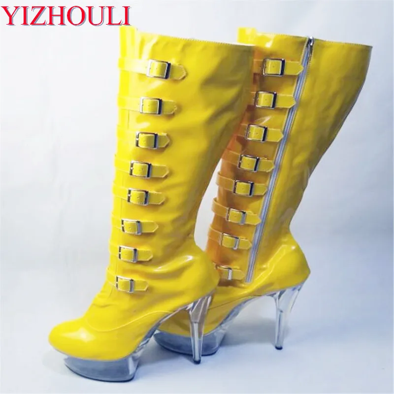 

15cm high heel, belt buckle decoration, zipper round head high boots, fashionable sexy model party stage boots