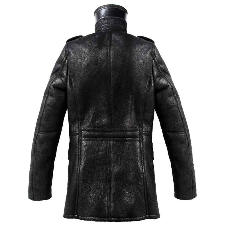 2020 Long Section British Bursting Lines Sheepskin Mens Fur Coat Black Leather Jacket Fashion Handsome Outerwear