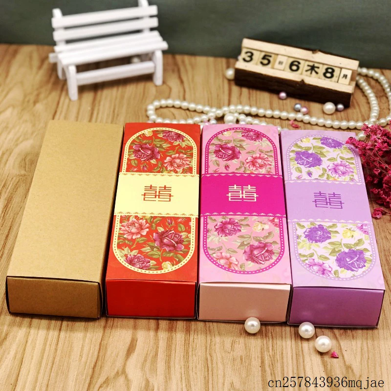 

100pcs Flower Pattern Candy Boxes Double Happiness Gift Boxes Chinese Asian Style Cases Wedding Favor Box Party Gift