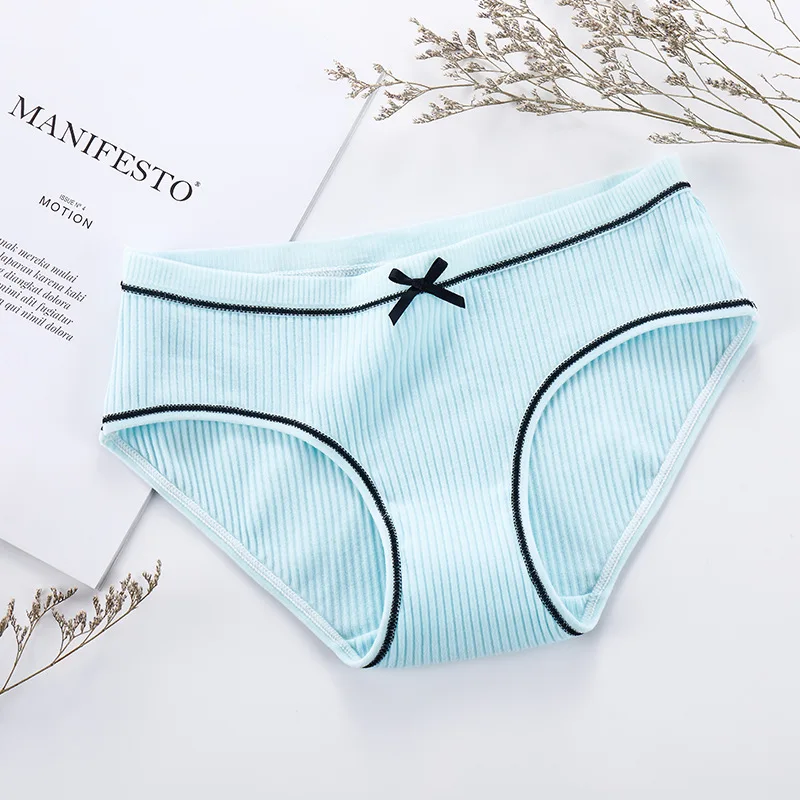 Panties female autumn and winter new sexy comfortable thread panties female cute bow large size cotton striped briefs