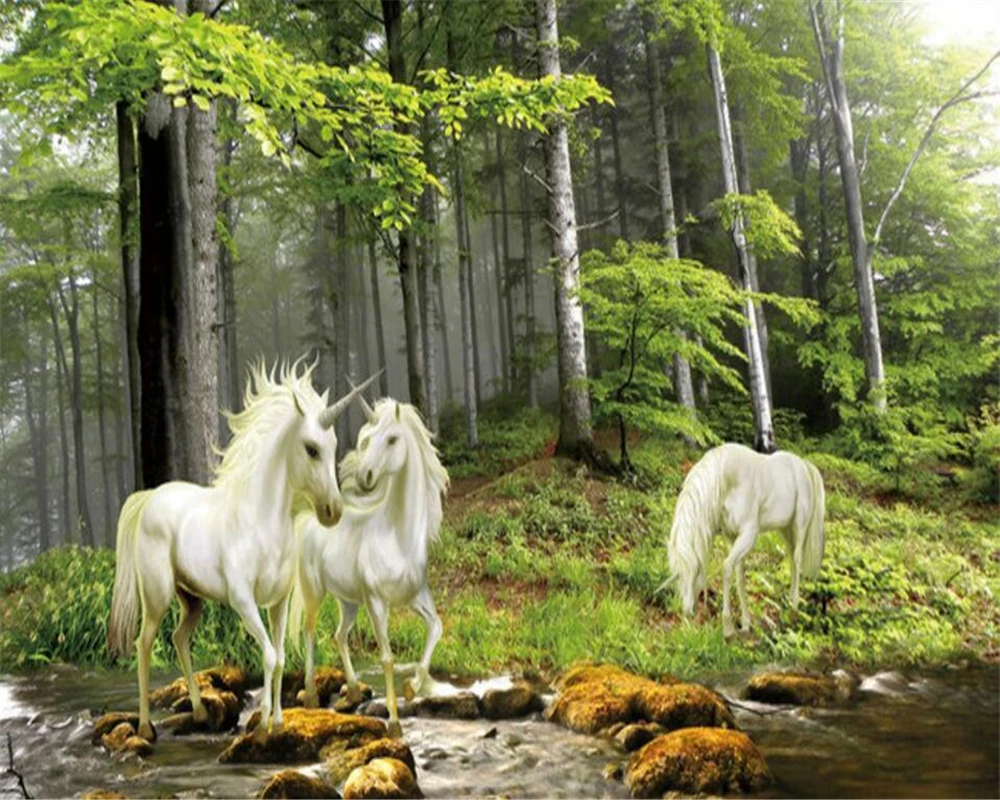 Beibehang 3d wallpaper Forest background wall painting landscape painting white horse unicorn photo wallpaper 3d papel de parede