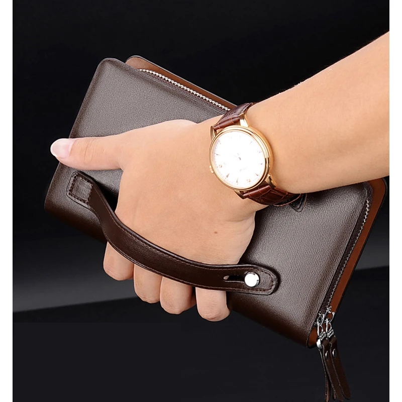 KANGAROO Brand Men Clutch Bag Fashion Leather Long Purse Double Zipper Business Wallet Black Brown Male Casual Handy Bag