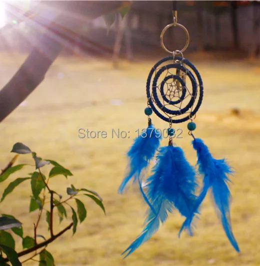 New fashion jewelry hot blue Feather Dreamcatcher Wind Chimes Indian Style Pendant three layers Dream Catcher key ring Gift