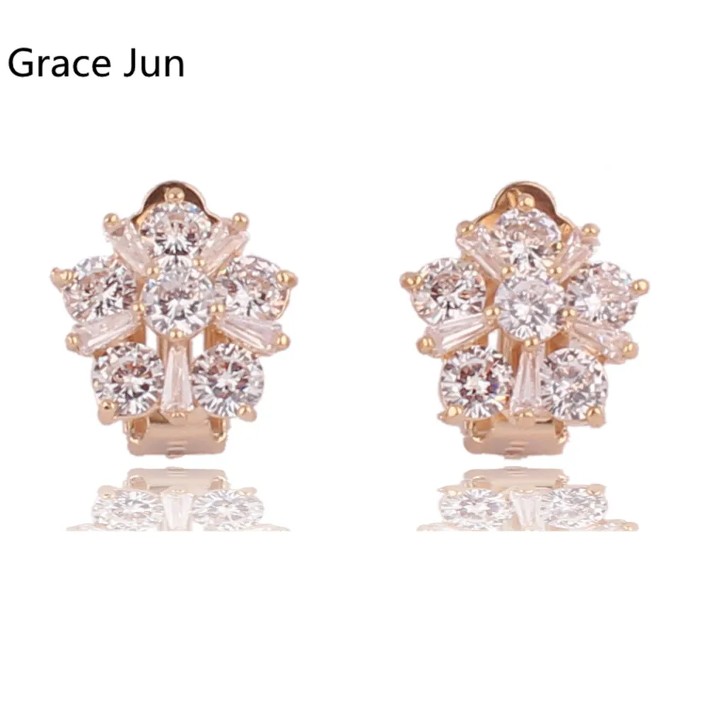 Grace Jun High-grade AAA Cubic Zircon Flower Shape Clip on Earrings for Women Bride Wedding Gorgeous Cushion No Pierced Earrings