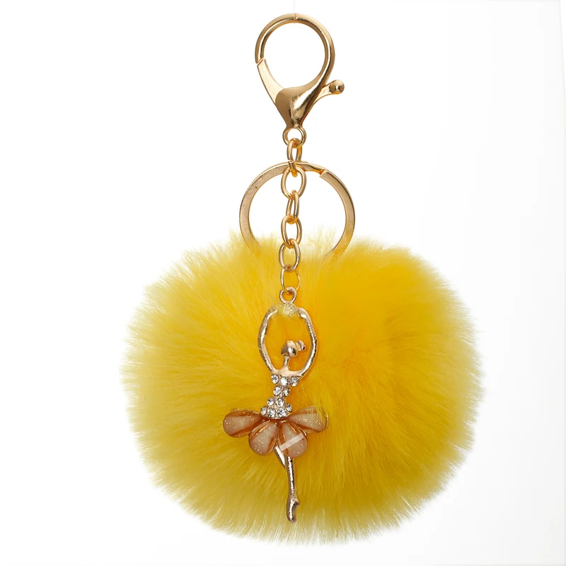 Fashion Dancing Angel Girl Fluffy Pompom Keychains Fake Rabbit Fur Ball KeyChain Women Bag Charms Jewelry Gift Pompom Keychain