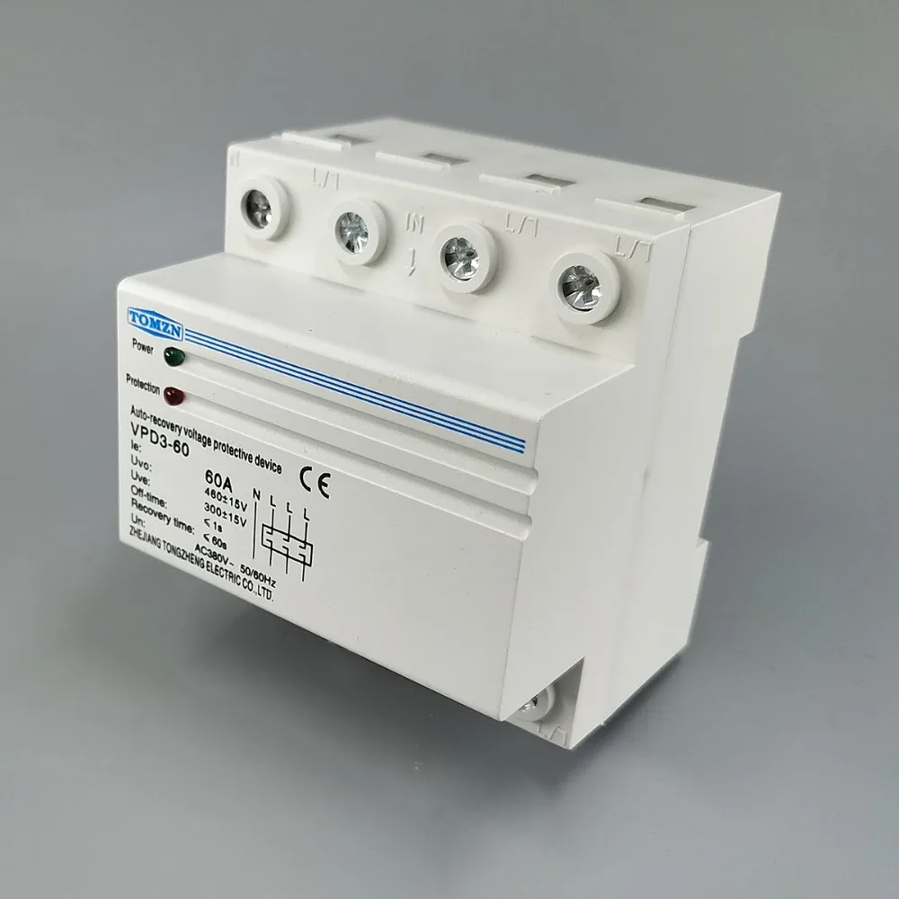 60A 380V~ Three Phase four wire Din rail automatic recovery reconnect over voltage and under voltage protective protection relay