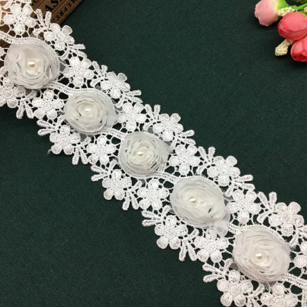 

2 Yards White Rose Flower Pearl Beaded Lace Trim Fabric Ribbon Embroidered Applique Handmade Patchwork Garment Sewing Craft 8cm