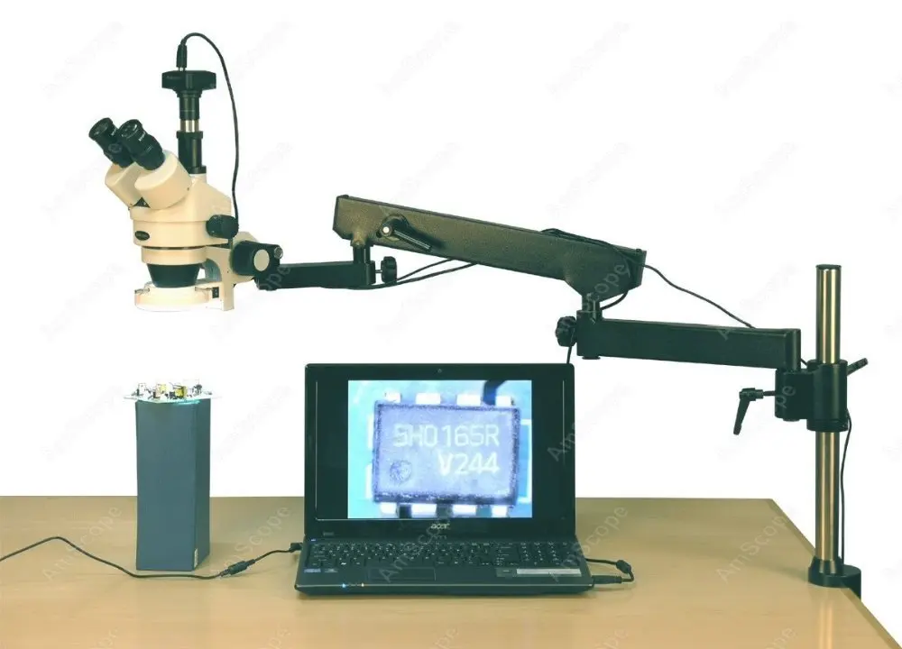 Articulating Arm Microscope--AmScope Supplies 3.5X-90X 144-LED Articulating Arm Zoom Stereo Microscope + 5MP Digital Camera