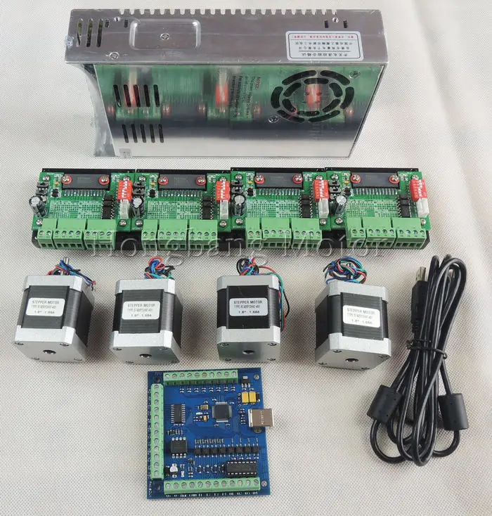 

CNC mach3 USB 4 Axis Kit, 4pcs TB6560 stepper driver+ mach3 USB stepper motor controller board+ 4pcs nema17 motor +power supply