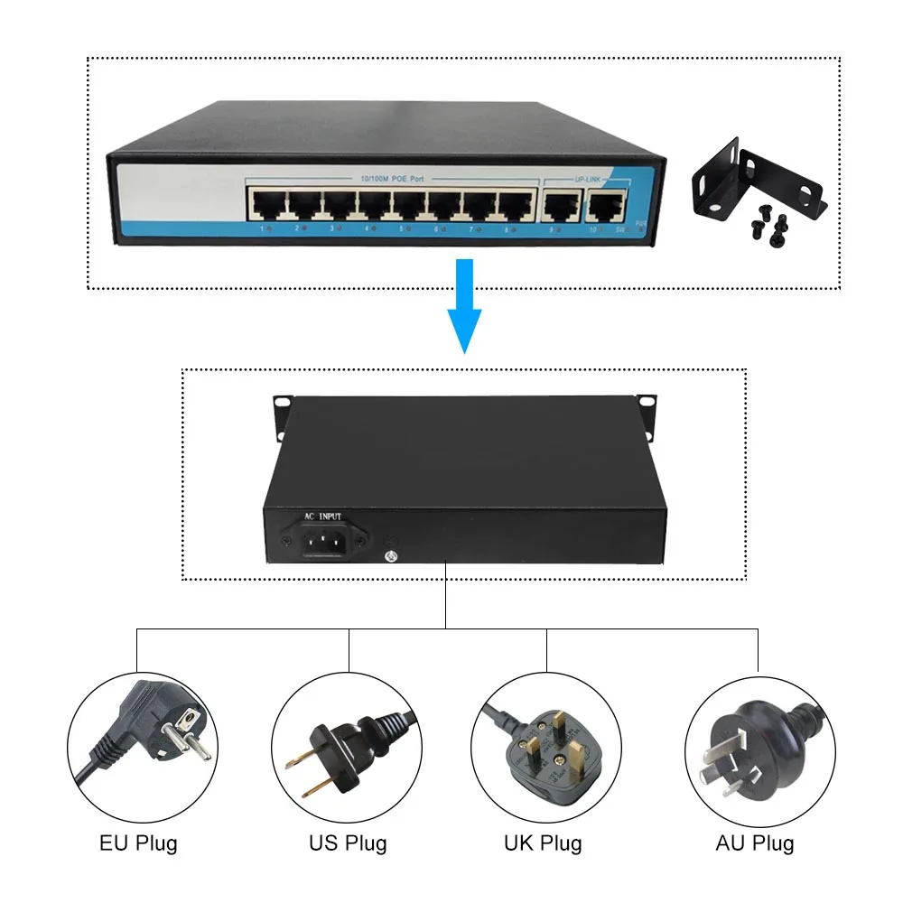 Commutateur/injecteur d'alimentation Ethernet, 8 ports, 100Mbps, pour caméra IP, téléphone TyIP, I-dispositifs 2 Up-Link