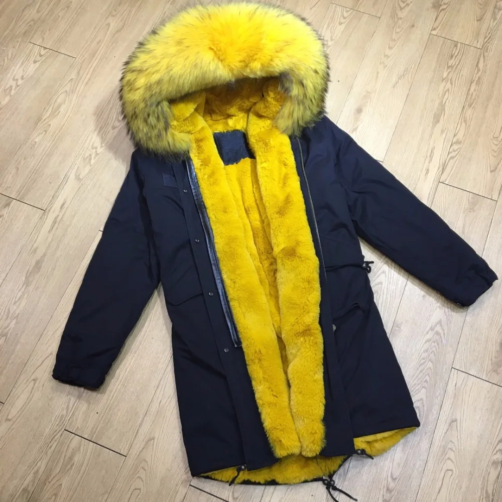 Bright Yellow Faux Fur Lined Parka Navy Cotton Long Overcoat For Women Winter Raccoon Fur Collar Coat