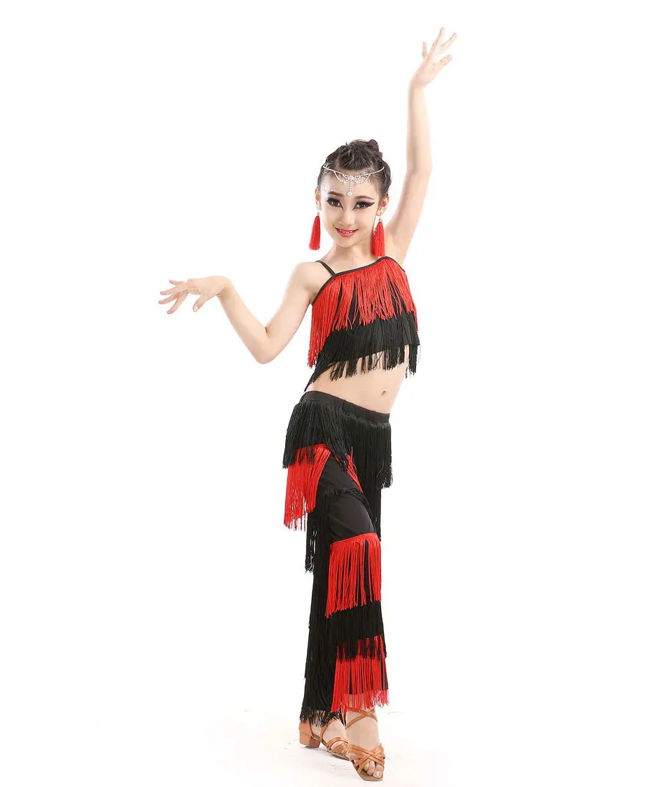 Nieuwe Kinderen Bachata Latin Dans Kostuums Meisjes Ballroom Tango Salsa Latin Danswedstrijd Kostuum Fringe Broek Tops