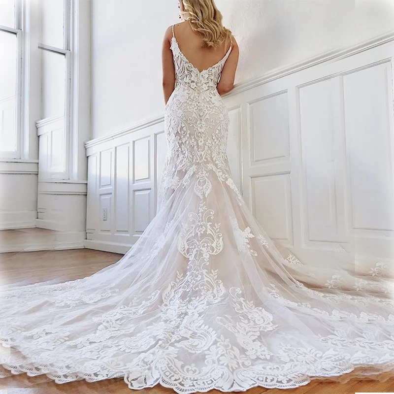 Elegant White Ivory Wedding Dresses Mermaid Style V-neck Appliques Beaded Spaghetti Straps 2019 Vestido De Novia Bridal Gowns