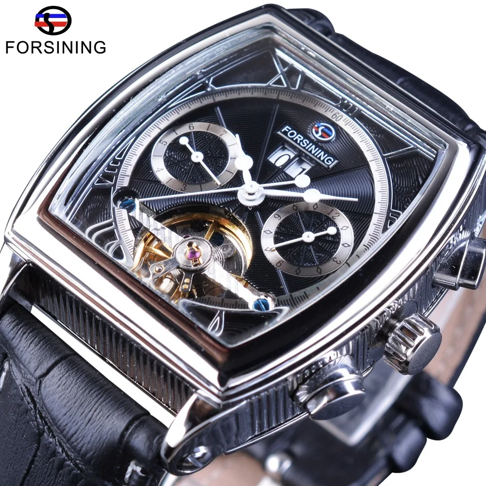 Forsining multifuncional retro série retângulo dial cinto genuíno tourbillion design masculino relógios automáticos marca superior relógio de luxo