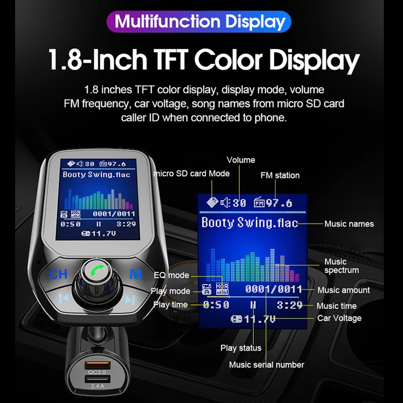 1,8 zoll Farbe Display Bluetooth-kompatibel Car Kit 3 USB Port QC 3,0 Auto Ladegerät FM Sender Auto MP3 musik Player