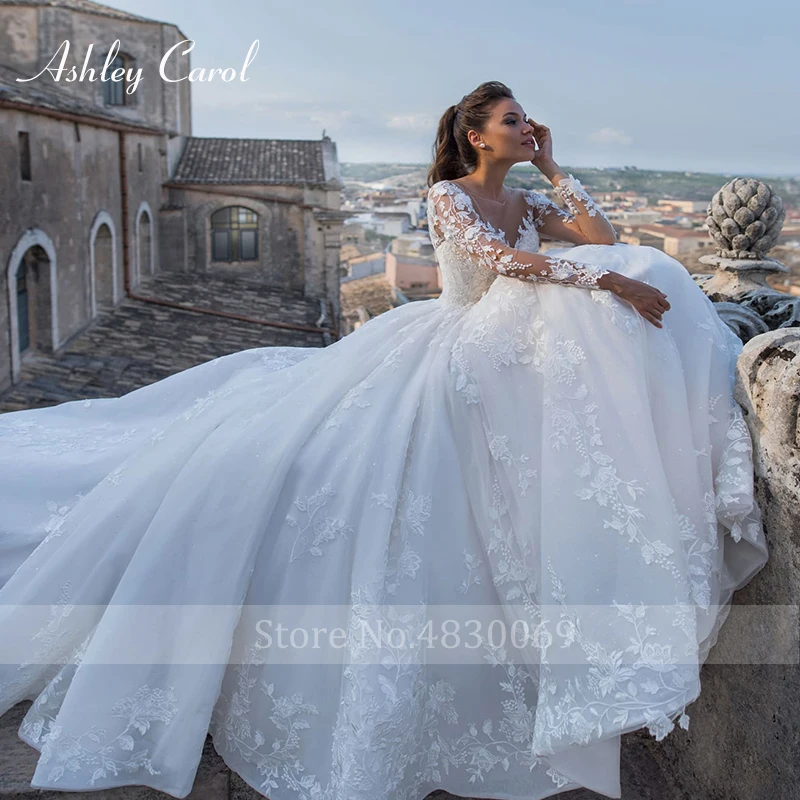 Ashley Carol-Robes de mariée élégantes pour femmes, appliques perlées, à lacets, robe de princesse sexy à col en V, 2023