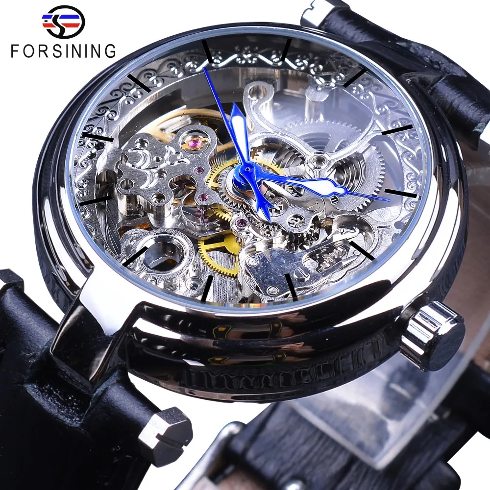 Forsining Fashion Silver Movement Skeleton Watches Blue Luminous Hands Leather Men\'s Mechanical Wristwatch Waterproof Male Clock