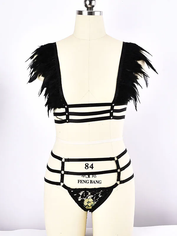 

JLX.HARNESS Gothic Halloween Rave Feather Body Harness Set Body Cage Belt Harness Bra Transparent Mesh G-string Briefs Panties