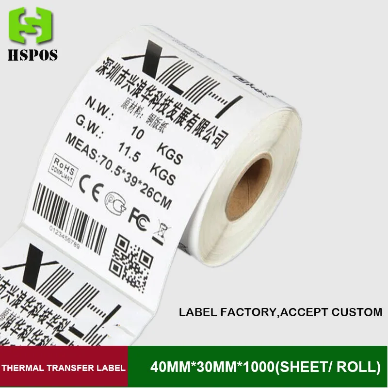 Thermal Transfer packing labels 40mm*30mm*1000 sheets one roll single row can custom barcode sticker for adhesive label printer