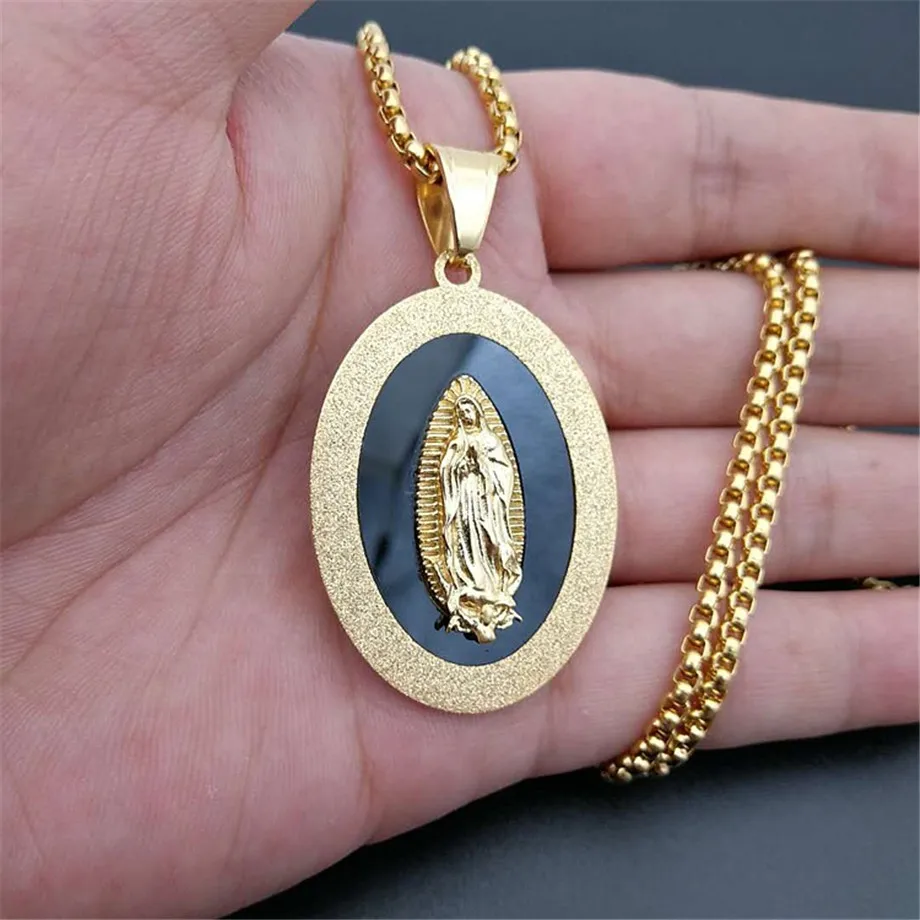 

Virgin Mary Pendant 316L Stainless Steel Men Christian Jewelry Our Lady of Guadalupe Miraculous Oval Medal Necklace