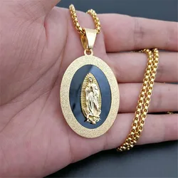Virgin Mary Pendant 316L Stainless Steel Men Christian Jewelry Our Lady of Guadalupe Miraculous Oval Medal Necklace