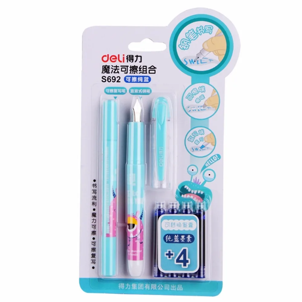 Deli Erasable Fountain Pen Rewritable Blue Ink Sac Set Student Practice Calligraphy Writing Tool School Office Supply Stationery