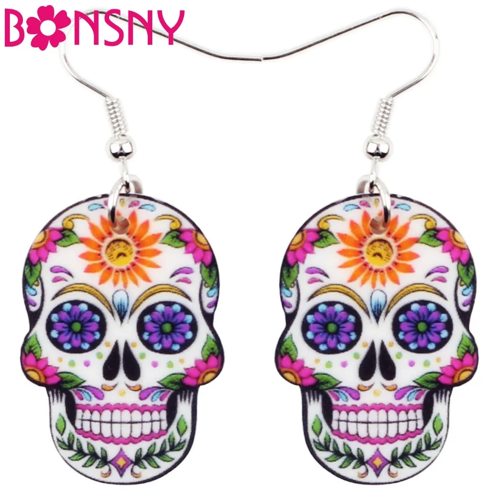 Bonsny Acrylic Dangle Drop Halloween Skeleton Skull Earrings Big Long Punk Novelty Jewelry For Girls Women Ladies  Statement