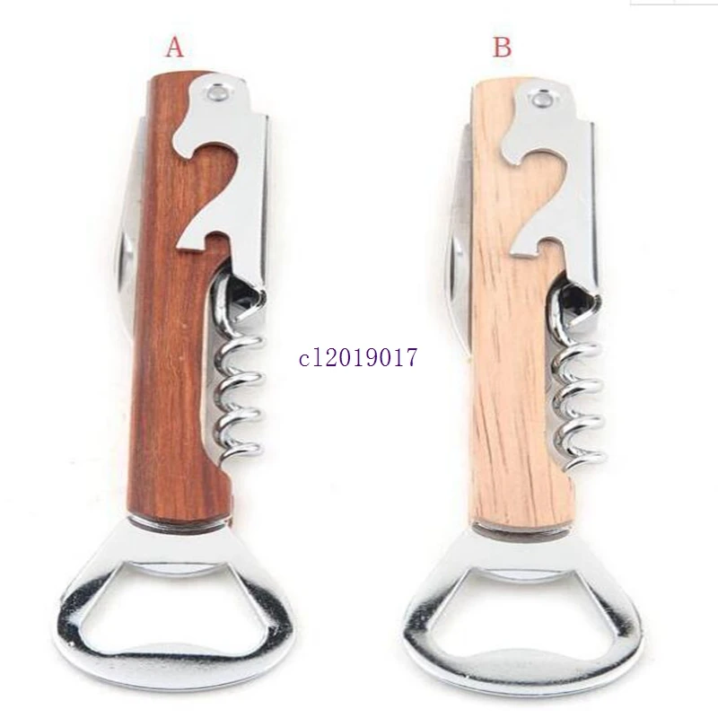 

200pcs Stainless Steel Hand-Held Deluxe Bottle Opener Wood Handle Wine Opener Corkscrew Double Hinged Waiters Wine Bottle Opener