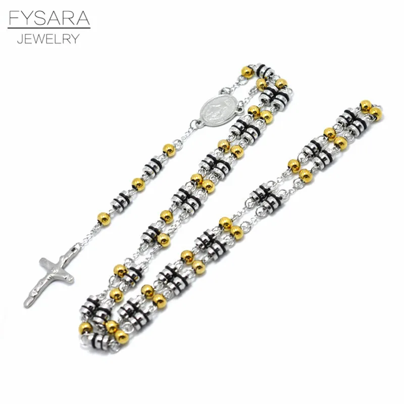 FYSARA Beads Cross Pendants Necklace For Men Religious Jewelry Christian Long Necklace Saint Benedict Rosary Pray Necklaces