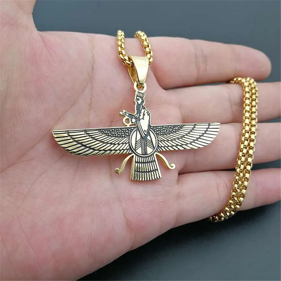 

Faravahar Ahura Pendant Men Iran Jewelry Stainless Steel Zoroastrian Gold Color Iranian Necklace Women U1491