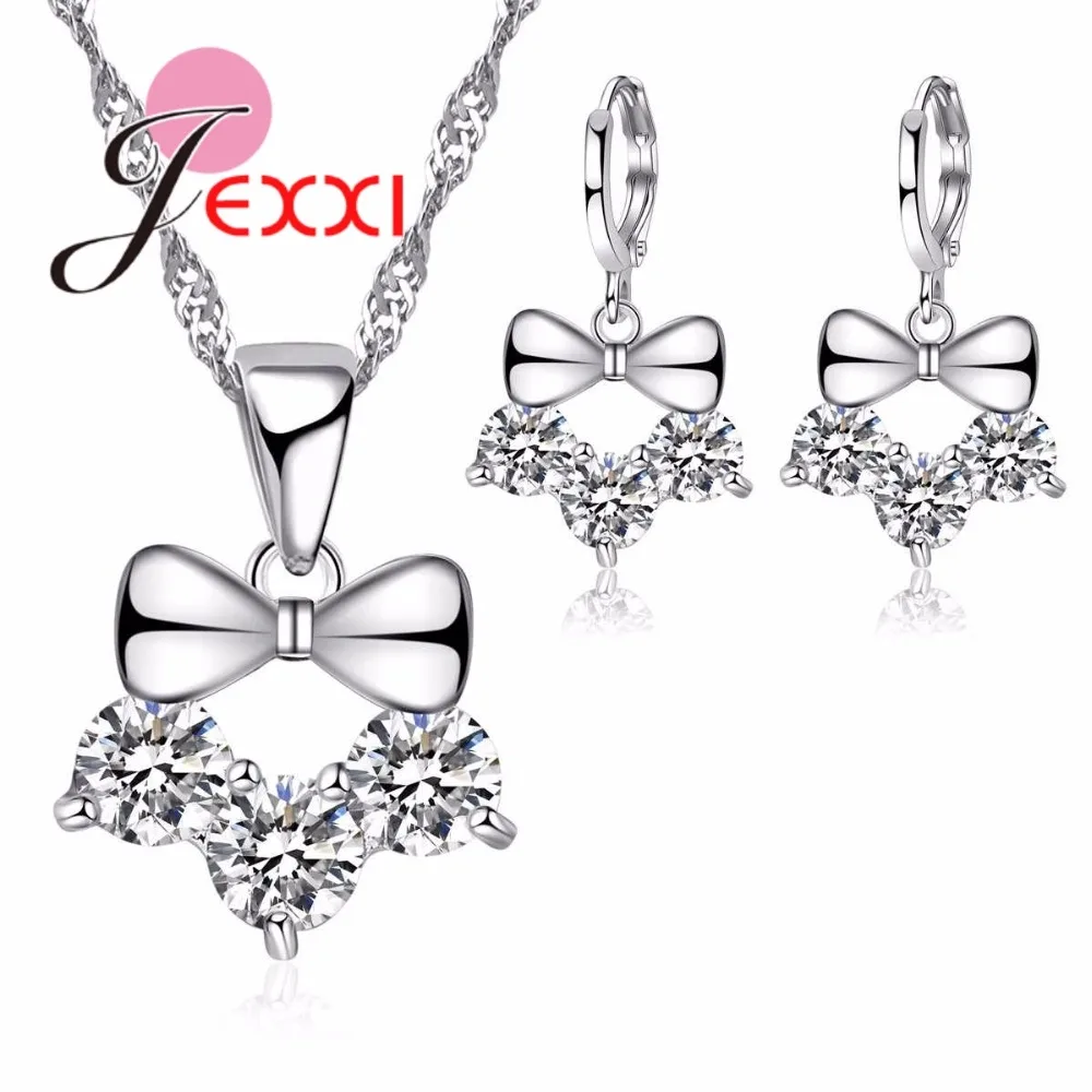 Wholesale Sparkly Exquisite Bowknot Round Crystal Fashion Necklace Earrings Set 925 Sterling Silver Needle Women Jewelry Sets