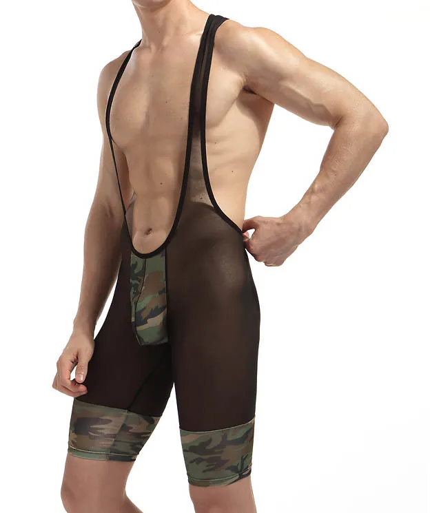 New Mens Camouflage Patchwork Underwear High Quanlity Male Bodysuits Nylon Ultra Thin Sheer Wrestling Singlet