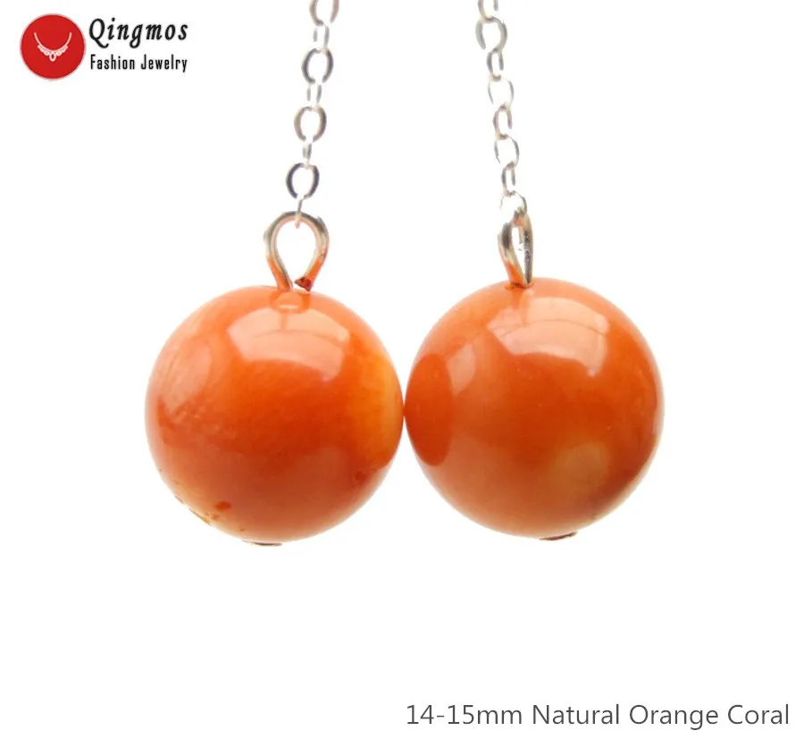 

Qingmos Natural Coral Earring for Women with Orange 14-15mm Round Coral Dangle Earring Jewelry & Sterling Silver S925 Hook ea730