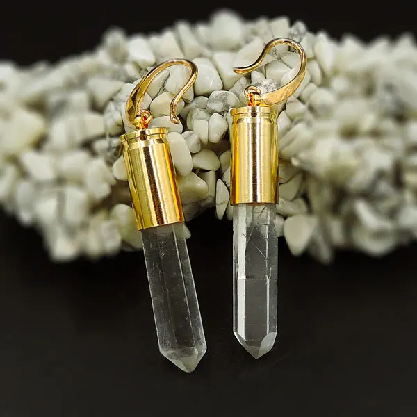 

Natural Clear Quartz Crystal Pillar Point Earrings Gluing Bullet Shell Setting Gold Plated Approx 40*8mm