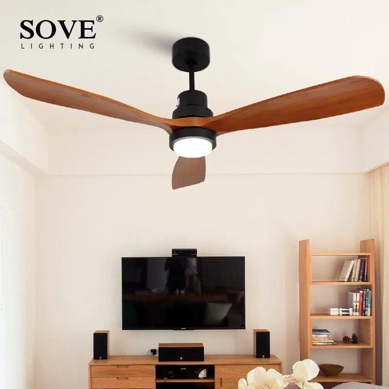 SOVE 52 Inch Wooden Ceiling Fans Without Light Home Bedroom Living Room Fan 220v Ceiling Fan Wood Remote Control 3 Wooden Blades