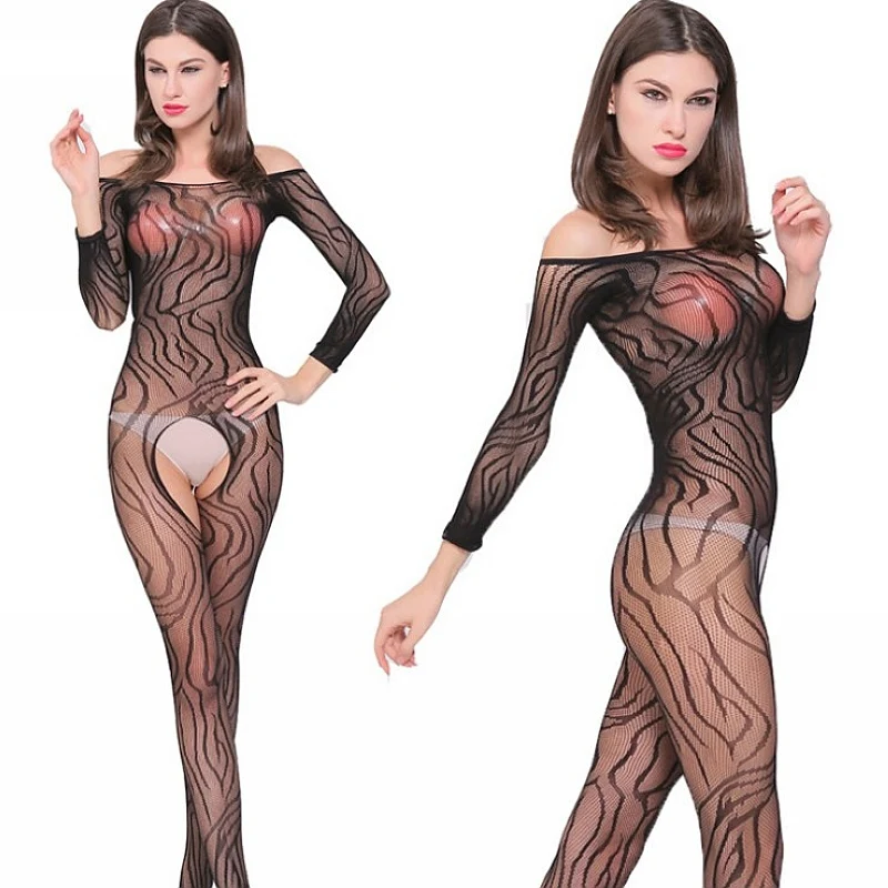 

Zebra Stripes fishnet Crotchless sheer bodystocking Full Body pantyhose transparent long-sleeve open crotch Tights Stocking