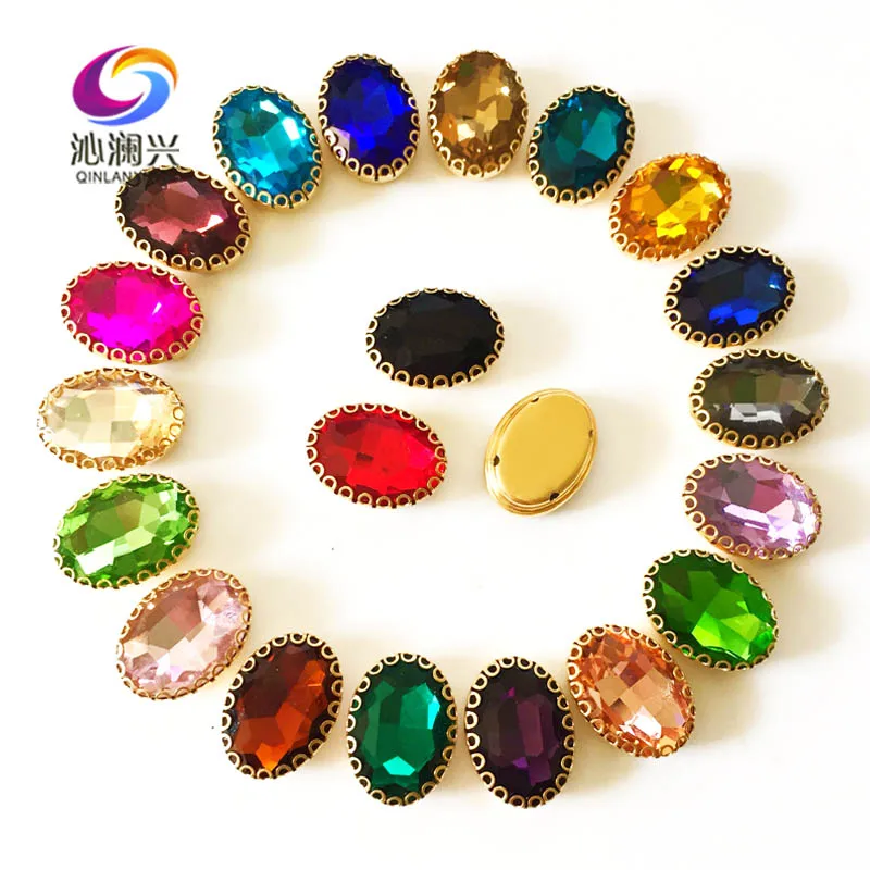 20pcs/bag Oval Shape Glass Crystal Sew-on Rhinestones, Golden Bottom Lace Claw Stone, Used for Needlework, Sewing Accessories