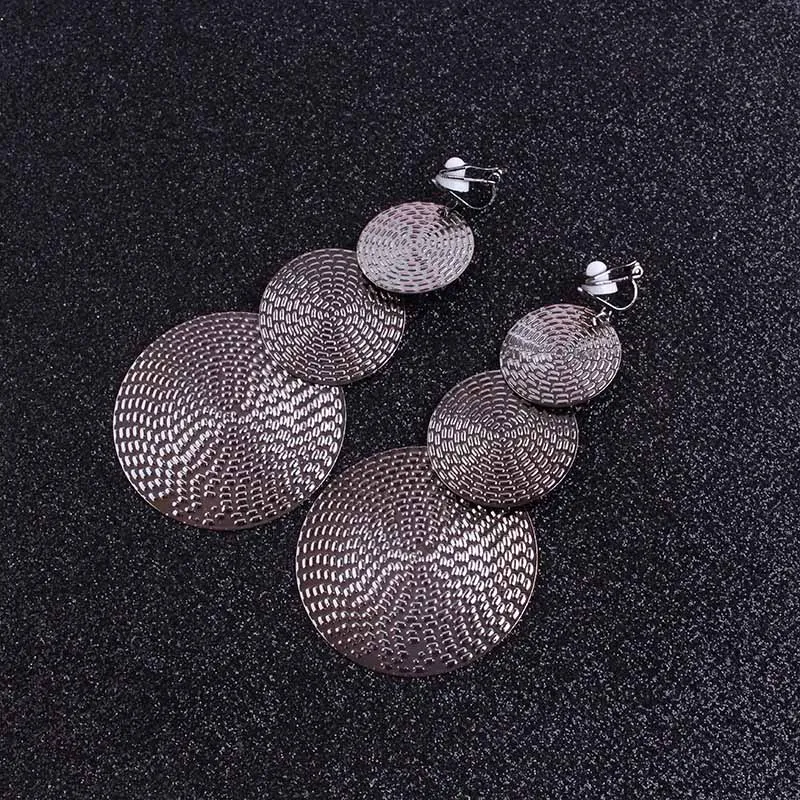 3 Colour Fashion Big Clip On Earrings Double Round Circle Pendant Long no pierced Earrings For Women Statement Jewelry