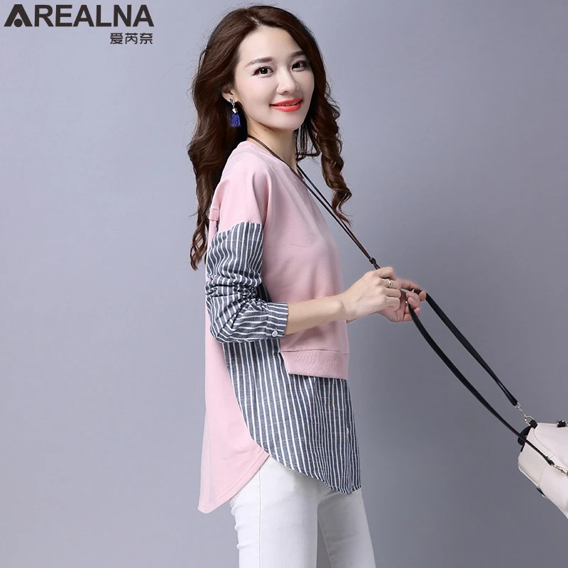 AREALNA 2022 new autumn Fake Two-Piece Hoodies Casual loose Pullover Vintage stripe Stitching cotton sweatshirt moletom feminino