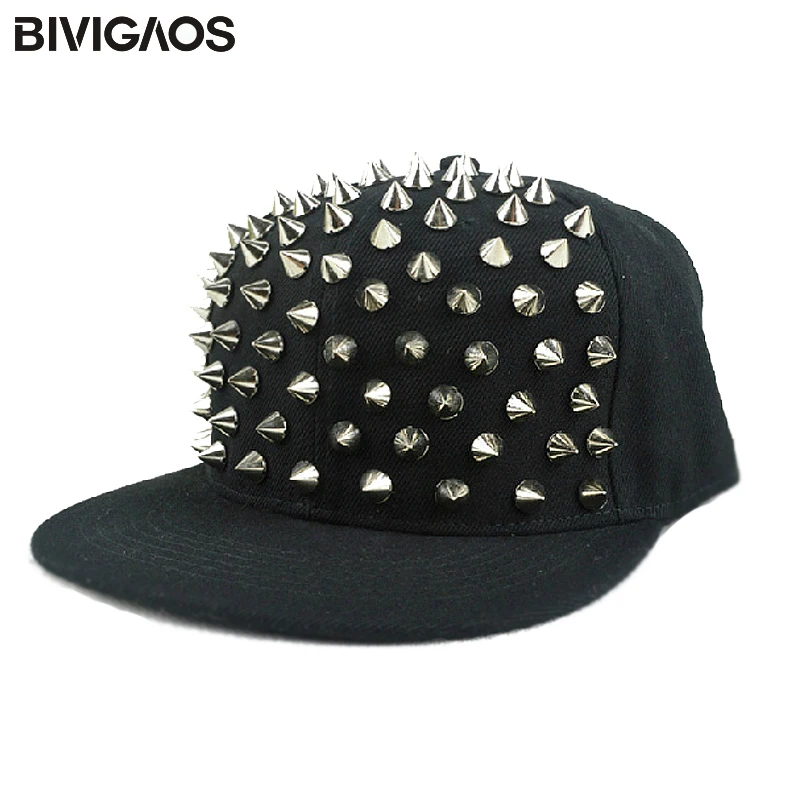 Mens Fashion Gothic Snapbacks Handmade Rivet Punk Hip hop Cap Hip-hop Hats Flat brim Baseball Caps Swag Adjustable For Men Women