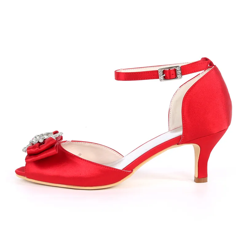 Kitten Heels Satin Wedding Shoes for Bride Peep Toe Ankle Buckle Strap Crystals Evening Formal Party Women Dress Pumps image 3