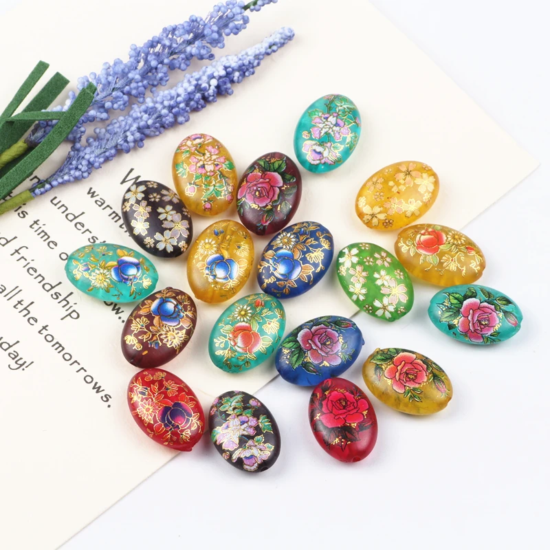 

10pcs Mix Design Resin Jewelry Beads 13x18mm Oval Flower Printing Beads Bracelet Bangles Charms European Diy Jewelry Making