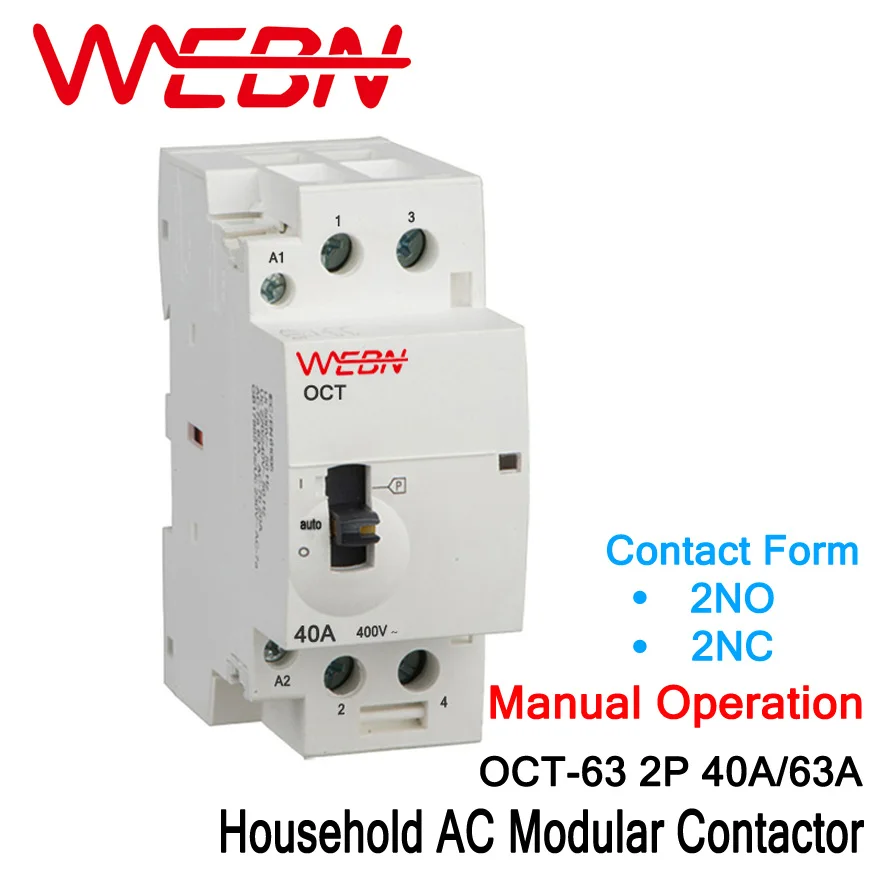 

OCT-63 Series 2P 40A/63A Manual Operation AC Household Contactor 220V/230V 50/60Hz Contact 2NO/2NC Din Rail Modular Contactor