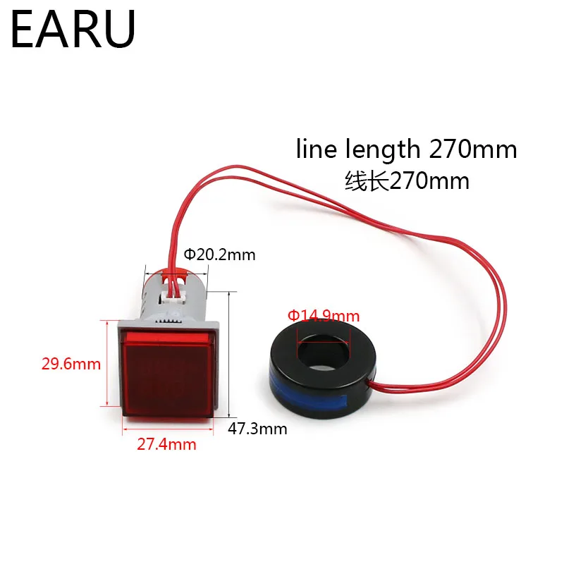 Mini Digital Voltmeter Ammeter 22mm Square AC 20-500V 0-100A Amp Volt Voltage Tester Meter Dual LED Indicator Pilot Lamp Light