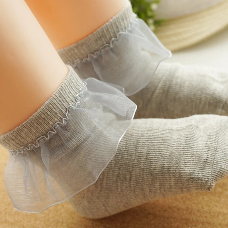 One Pair Spring Summer Sweet Children Girls Transparent Gloss Feel Lace Cotton Socks Baby Kids Soft Thin Princess Short Socks