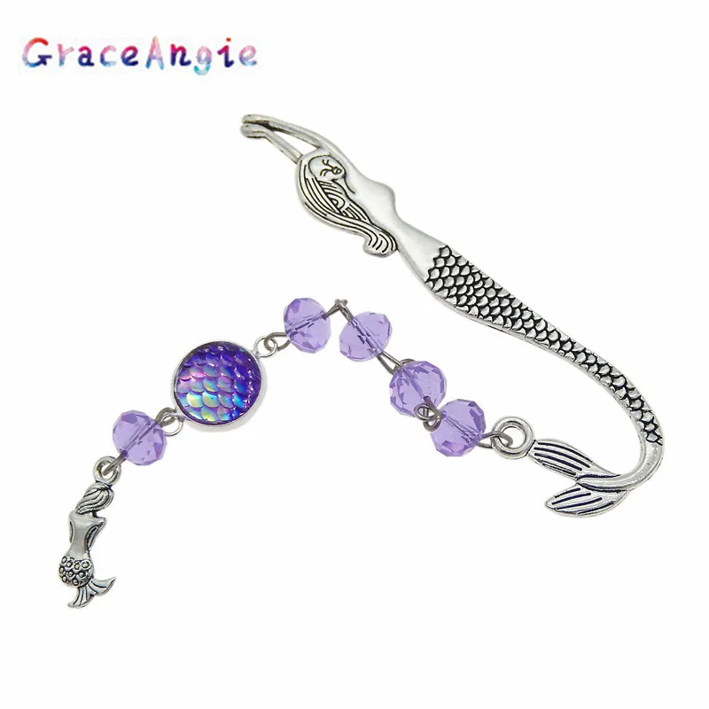 GraceAngie 1pcs/pack Mixed Zinc Alloy+Crystal Beads +Scales Metal Bookmark Exquisite Mermaid Hooks Bookmark Jewelry Accessories