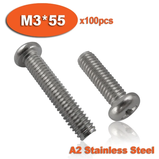 

100pcs DIN7985 M3 x 55 A2 Stainless Steel Pan Head Phillips Screw Cross Recessed Raised Cheese Head Screws