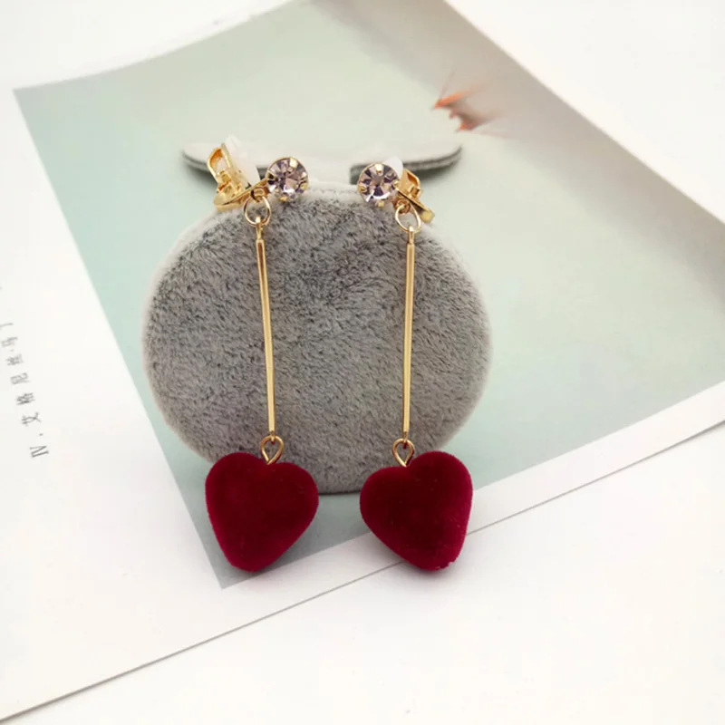 Korea Style Charm Peach Heart Long Bar Gold Color Clip on Earrings Without Piercing for Girl Party Needn\'t Ear Hole Ear Clip New