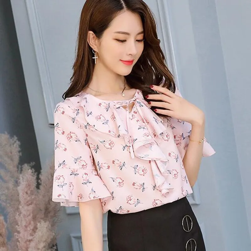 Summer Chiffon Shirt Women Fashionable Flare Half Sleeve Bowknot Blouse Office Ladies Print New Korean Leisure Top Clothes H9064